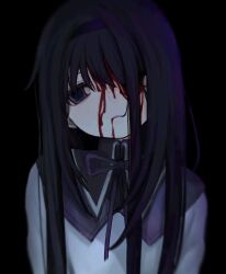 Rule 34 | 1girl, akemi homura, arms at sides, averting eyes, black background, black hair, black hairband, bleeding, blood, blood from mouth, blood on face, capelet, collared shirt, dilated pupils, hair in own mouth, hair over one eye, hairband, head tilt, highres, light blush, long hair, long sleeves, mahou shoujo madoka magica, mahou shoujo madoka magica (anime), neck ribbon, one eye covered, parted lips, purple capelet, purple eyes, purple ribbon, ribbon, shirt, sidelighting, simple background, solo, straight-on, uee m, upper body, white shirt