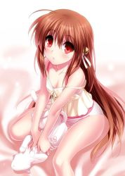 Rule 34 | 1girl, brown hair, camisole, cat, hair down, lennon, little busters!, long hair, natsume rin, panties, petting, red eyes, sitting, strap slip, striped clothes, striped panties, underwear, wariza, zen