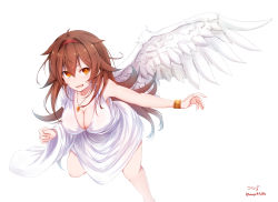 Rule 34 | 1girl, alternate costume, angel, angel wings, artist name, baileys (tranquillity650), blush, breasts, brown eyes, brown hair, commentary, dress, gauntlets, hair between eyes, hair flaps, hair ornament, hairband, highres, kantai collection, large breasts, long hair, looking at viewer, open mouth, red hairband, shiratsuyu (kancolle), simple background, single wing, smile, solo, white background, wings