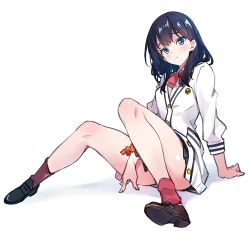 Rule 34 | 10s, 1girl, arm support, black hair, black skirt, blue eyes, blush, cardigan, closed mouth, commentary request, gridman universe, hayakawa harui, loafers, long hair, long sleeves, looking at viewer, microskirt, orange scrunchie, pleated skirt, red legwear, red neckwear, school uniform, scrunchie, shirt, shoes, simple background, sitting, skirt, solo, spread legs, ssss.gridman, sweater, takarada rikka, thighs, white background, white cardigan, white shirt, white sweater, wrist scrunchie