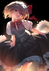 Rule 34 | 1girl, :d, black background, black skirt, black vest, blonde hair, bloom, bow, bowtie, breasts, commentary request, dark background, eyebrows hidden by hair, feet out of frame, frills, hair between eyes, hair intakes, hair ribbon, highres, looking at viewer, open mouth, petticoat, puffy short sleeves, puffy sleeves, red bow, red bowtie, red eyes, red ribbon, ribbon, rumia, short hair, short sleeves, simple background, skirt, small breasts, smile, solo, touhou, u u zan, vest, wing collar