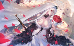 Rule 34 | 1girl, absurdres, bare shoulders, bolt action, bouquet, breasts, bridal veil, bride, commentary request, cross, detached collar, dress, flower, girls&#039; frontline, gun, hair between eyes, highres, holding, kar98k (girls&#039; frontline), kar98k (purity in vermilion) (girls&#039; frontline), lace, large breasts, long hair, looking at viewer, mauser 98, off shoulder, official alternate costume, parted lips, petals, red eyes, red flower, rifle, signature, solo, standing, tama yu, tiara, veil, very long hair, weapon, wedding dress, white dress, white hair, window