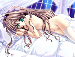 Rule 34 | 1girl, bed, bow, brown hair, carnelian, curtains, flat chest, game cg, hair bow, long hair, lying, nemureru mori no ohime-sama, nipples, nude, on side, pillow, pussy, solo, tinker bell (pixiv 10956015), uncensored, window