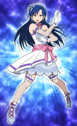 Rule 34 | 1girl, :d, bare shoulders, blue background, blue hair, bow, bridal garter, dress, earrings, flower, gloves, hair bow, hairband, idolmaster, idolmaster (classic), jewelry, kidachi, kisaragi chihaya, light rays, long hair, looking at viewer, open mouth, pink bow, simple background, smile, solo, standing, tsurime, white dress, yellow eyes
