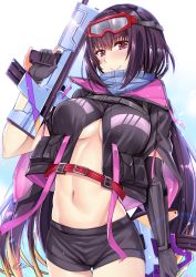 Rule 34 | 1girl, absurdres, black gloves, black hair, black jacket, black shorts, blonde hair, blush, breasts, fate/grand order, fate (series), gloves, goggles, goggles on head, gu li, gun, highres, jacket, large breasts, long hair, looking at viewer, multicolored hair, navel, no bra, open clothes, open jacket, osakabehime (fate), osakabehime (swimsuit archer) (fate), osakabehime (swimsuit archer) (first ascension) (fate), red eyes, shorts, ski goggles, smile, solo, twintails, two-tone hair, weapon
