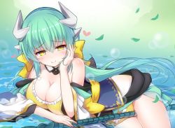 Rule 34 | 1girl, arm support, bikini, blush, breasts, demon horns, fate/grand order, fate (series), green hair, heart, horns, kiyohime (fate), kiyohime (swimsuit lancer) (first ascension) (fate), large breasts, long hair, looking at viewer, polearm, qixi cui xing, smile, solo, spear, swimsuit, weapon, yellow eyes