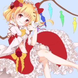 Rule 34 | 1girl, adapted costume, bird, bird on hand, blonde hair, blue background, dress, fangs, flandre scarlet, flower, flower on head, frills, from side, grin, hair flower, hair ornament, headdress, looking at viewer, mumu-crown, petticoat, puffy short sleeves, puffy sleeves, red dress, red eyes, shirt, short hair, short sleeves, side ponytail, simple background, smile, solo, touhou, vampire, white background, white shirt, wide sleeves
