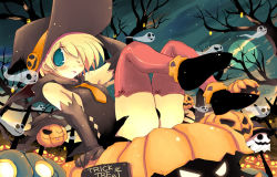 Rule 34 | 1girl, :p, bare shoulders, blonde hair, blue eyes, blush, ghost, halloween, hat, jack-o&#039;-lantern, one eye closed, original, pumpkin, red thighhighs, sakaki (noi-gren), thighhighs, tongue, tongue out, trick or treat, wink, witch, witch hat