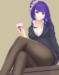 Rule 34 | absurdres, alcohol, black jacket, black pantyhose, blouse, breasts, bubblekong, cleavage, collarbone, contemporary, crossed legs, cup, drinking glass, formal, from below, genshin impact, hat, highres, holding, holding cup, jacket, long hair, looking at viewer, low-cut, mole, mole under eye, office lady, pantyhose, pencil skirt, purple eyes, purple hair, raiden shogun, shirt, skirt, solo, suit, suit jacket, thighband pantyhose, white shirt, wine, wine glass