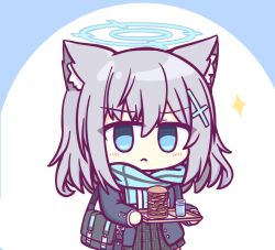 Rule 34 | 1girl, animal ears, bag, blazer, blue archive, blue eyes, blush, burger, chibi, cross hair ornament, cup, food, frown, grey hair, hair ornament, halo, holding, holding tray, jacket, kashimu, scar, school uniform, shiroko (blue archive), shoulder bag, simple background, solo, tray, white background, wolf ears