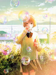 Rule 34 | 1girl, ahoge, bottle, bow, bowtie, brown bow, brown bowtie, brown hair, brown skirt, bubble, blowing bubbles, bush, closed mouth, cowboy shot, gradient sky, highres, holding, holding bottle, house, light blush, light particles, long sleeves, looking at viewer, mountainous horizon, nakamura hinata, ocean, original, outdoors, photo background, pleated skirt, power lines, school uniform, shirt, short hair, skirt, sky, smile, soap bottle, soap bubbles, solo, standing, tile roof, utility pole, wind, yellow sky