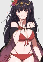 Rule 34 | 1girl, bare shoulders, bikini, black cape, black hair, cape, commentary, cowboy shot, fire emblem, fire emblem awakening, fire emblem heroes, grey background, grey eyes, grin, highres, long hair, looking at viewer, navel, nintendo, o-ring, o-ring bikini, official alternate costume, peach11 01, red bikini, simple background, smile, solo, standing, stomach, swimsuit, tharja (fire emblem), two side up, very long hair