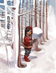 Rule 34 | 1girl, bad deviantart id, bad id, black hair, blush, boots, child, gloves, highres, joel jurion, lipstick, long hair, looking at viewer, makeup, original, pantyhose, rubber boots, skirt, smile, snow, snowball, striped clothes, striped legwear, striped pantyhose, tree