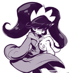 Rule 34 | 1girl, ashley (warioware), big hair, dress, hair ornament, long hair, mario (series), monochrome, neckerchief, nintendo, open mouth, oversized clothes, pantyhose, sho-n-d, sleeves past wrists, solo, stuffed animal, stuffed toy, twintails, warioware