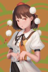 Rule 34 | 1girl, arms up, black ribbon, black skirt, breasts, brown background, brown hair, expressionless, fingernails, fjsmu, hat, head tilt, highres, looking at viewer, medium breasts, open mouth, own hands together, parted lips, patterned background, pom pom (clothes), puffy short sleeves, puffy sleeves, red eyes, red hat, ribbon, shameimaru aya, shirt, short hair, short sleeves, skirt, solo, standing, tokin hat, touhou, two-tone shirt, untucked shirt, upper body