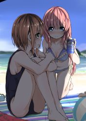 Rule 34 | 2girls, absurdres, bag, ball, bare arms, bare legs, bare shoulders, barefoot, beach, beach towel, beachball, bikini, bikini top only, blue bikini, blue eyes, blue one-piece swimsuit, blue sky, blush, breasts, brown hair, can, cleavage, closed mouth, collarbone, day, drink can, frilled bikini, frills, front-tie bikini top, front-tie top, gluteal fold, hair between eyes, highres, holding, holding can, kneeling, knees to chest, knees up, legs together, long hair, looking at viewer, medium breasts, multiple girls, nose blush, one-piece swimsuit, open mouth, original, outdoors, pink hair, profile, school swimsuit, short hair, shuutou haruka, side-tie bikini bottom, sidelocks, sitting, sky, slippers, soda can, swimsuit, teeth, thigh gap, towel, unworn slippers, water