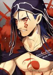Rule 34 | 1boy, 2f sq, bare pectorals, blue cloak, blue hair, chest tattoo, clenched teeth, cloak, collarbone, copyright name, cu chulainn (fate), cu chulainn (fate) (all), cu chulainn (fate/stay night), cu chulainn alter (fate), cu chulainn alter (fate/grand order), detached sleeves, earrings, facial mark, fate/grand order, fate (series), frown, fur trim, grey background, hair between eyes, jewelry, lancer, long hair, looking afar, looking away, male focus, muscular, parted lips, pectorals, pointy ears, red eyes, slit pupils, solo, tattoo, teeth, twitter username