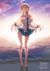Rule 34 | 1girl, backlighting, barefoot, beach, blonde hair, blue skirt, blush, bracelet, breasts, collared shirt, dress shirt, ear piercing, earrings, female focus, fingernails, full body, grin, highres, jewelry, kitagawa marin, large breasts, long hair, long sleeves, looking at viewer, nail polish, necktie, outdoors, piercing, pink eyes, pleated skirt, ring, shirt, shore, skirt, sleeves rolled up, smile, solo, sono bisque doll wa koi wo suru, standing, sunset, suryua, toenail polish, toenails, toes, white shirt