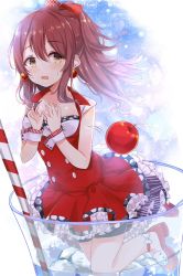 Rule 34 | 1girl, amidada, bike shorts, black shorts, blush, bow, breasts, brown eyes, brown hair, cherry, collarbone, commentary request, cup, dress, drinking glass, drinking straw, earrings, food, fruit, hair between eyes, hair bow, hands up, high ponytail, highres, ice, ice cube, idolmaster, idolmaster shiny colors, in container, jewelry, long hair, medium breasts, mini person, minigirl, open mouth, osaki tenka, ponytail, red bow, red dress, red footwear, shoes, short shorts, short sleeves, shorts, shorts under dress, solo, sweat, transparent, water, white bow, wrist cuffs
