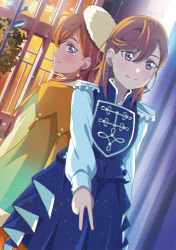 Rule 34 | 2girls, absurdres, al aoi aoba, blue dress, cape, closed mouth, commentary request, dress, dual persona, earrings, highres, jewelry, long sleeves, looking at viewer, love live!, love live! superstar!!, medium hair, multiple girls, orange cape, orange hair, purple eyes, shibuya kanon, smile, starlight prologue, tearing up, upper body, v