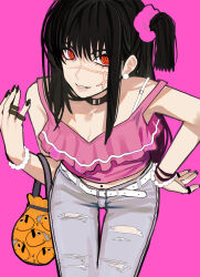 Rule 34 | 1girl, bag, black choker, black hair, black nails, bracelet, chainsaw man, choker, cross scar, earrings, facial scar, frilled shirt, frills, hair ornament, hair scrunchie, handbag, highres, jewelry, long hair, looking at viewer, multiple rings, pants, parted lips, pearl bracelet, pearl earrings, pink background, pink scrunchie, pink shirt, pink theme, pochita (chainsaw man), red eyes, ring, ringed eyes, sailen0, scar, scar on cheek, scar on face, scrunchie, shirt, side ponytail, simple background, smile, solo, torn clothes, torn pants, yoru (chainsaw man)