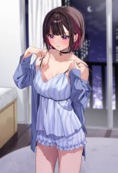 Rule 34 | 1girl, black choker, black hair, blue nightgown, blurry, blurry background, blush, breasts, check commentary, chigusa minori, choker, cleavage, collarbone, commentary request, crescent moon, highres, indoors, long sleeves, medium breasts, moon, multicolored hair, night, nightgown, off shoulder, parted lips, purple eyes, purple hair, shino to ren, shirayuki ren, solo, thighs
