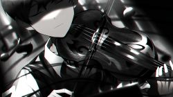Rule 34 | 1boy, absurdres, black hair, black vest, bow (music), collared shirt, commentary request, closed eyes, greyscale, highres, instrument, korean commentary, male focus, monochrome, music, musical note, omori, playing instrument, ppingko, shirt, short hair, solo, sunny (omori), vest, violin, white shirt