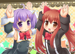 Rule 34 | 2girls, :d, :o, ahoge, aloe, aloe (quiz magic academy), animal ears, armpits, bad id, bad pixiv id, blush, bow, brown eyes, brown hair, cat ears, detached sleeves, hands up, long hair, looking at viewer, mizuno mumomo, multiple girls, myu (quiz magic academy), open mouth, purple eyes, purple hair, quiz magic academy, short hair, smile, star (symbol), twintails, two side up