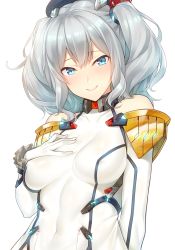 Rule 34 | 10s, 1girl, adapted costume, arm behind back, bare shoulders, beret, black hat, blue eyes, bodysuit, breasts, closed mouth, commentary request, covered erect nipples, detached sleeves, epaulettes, frilled sleeves, frills, gloves, hand on own chest, hat, headgear, kantai collection, kashima (kancolle), long sleeves, looking at viewer, medium breasts, neon trim, short twintails, silver hair, simple background, skin tight, smile, solo, twintails, upper body, uyu (keyakinoki), wavy hair, white background, white gloves