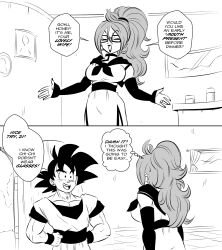 Rule 34 | 1boy, 1girl, absurdres, android 21, chi-chi (dragon ball), chi-chi (dragon ball) (cosplay), chinese clothes, closed eyes, comic, commentary, cosplay, door, dragon ball, dragon ball fighterz, earrings, english commentary, english text, funsexydb, glasses, greyscale, hands on own hips, high ponytail, highres, hoop earrings, jewelry, lipstick, makeup, monochrome, muscular, muscular male, neckerchief, open mouth, ponytail, sleeves past wrists, smile, son goku, wristband