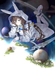 Rule 34 | 1girl, amiya (arknights), amiya (guard) (touch the stars) (arknights), animal ears, animal hood, aqua eyes, arknights, awakeningdog, blue coat, brown hair, closed mouth, coat, commentary request, crop top, expressionless, feet up, flower, gloves, grass, highres, hood, long hair, long sleeves, lying, official alternate costume, on stomach, open clothes, open coat, planet, planetary ring, rabbit ears, rabbit hood, sheath, sheathed, shoes, sneakers, solo, space, sword, very long hair, weapon, white flower, white footwear, white gloves