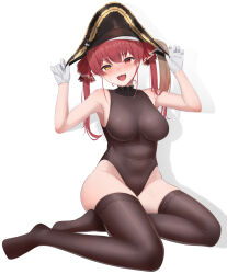 Rule 34 | 1girl, :d, absurdres, blush, breasts, brown leotard, brown thighhighs, covered navel, full body, gloves, hat, heterochromia, highres, hololive, houshou marine, large breasts, leotard, long hair, looking at viewer, no shoes, open mouth, pirate hat, plume, red eyes, red hair, sharp teeth, sitting, skindentation, smile, solo, sweat, teeth, thighhighs, thighs, tojo aoi, twintails, virtual youtuber, white gloves, yellow eyes, yokozuwari