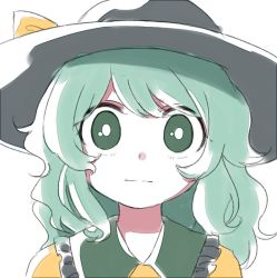 Rule 34 | 1girl, bad id, bad twitter id, black hat, bow, bright pupils, closed mouth, commentary, green eyes, green hair, hat, hat bow, komeiji koishi, portrait, sasa kichi, shirt, simple background, solo, touhou, upper body, white background, white pupils, wing collar, yellow bow, yellow shirt