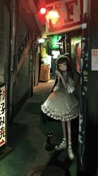 Rule 34 | 1girl, alley, bayashiko, black cat, black hair, bow, box, cat, closed mouth, dress, green eyes, grey dress, hair bow, highres, lamp, long hair, looking at viewer, night, outdoors, own hands clasped, own hands together, shoes, sign, smile, solo, stairs, standing, white footwear
