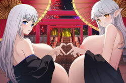 Rule 34 | 2girls, blue eyes, blush, breasts, elf, fireworks, heart, heart hands, holding, holding umbrella, japanese clothes, kimono, long hair, looking at viewer, multiple girls, multiple torii, naked kimono, night, night sky, nipples, nude, original, pointy ears, pregnant, rocket, shrine, sky, stairs, take your pick, torii, umbrella, victoriaokeanov, white hair, yellow eyes, yuri
