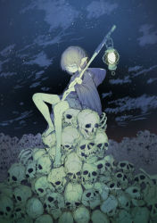 Rule 34 | artist name, commentary request, demizu posuka, highres, holding, lantern, looking at viewer, original, outdoors, pile of skulls, pointy ears, sitting, skull, star (sky)