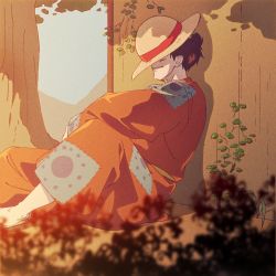 Rule 34 | 1boy, covered eyes, hat, hat on face, japanese clothes, male focus, monkey d. luffy, obobkkp, one piece, outdoors, plant, sitting, sleeping, sleeping upright, smile, solo, straw hat