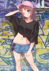 Rule 34 | 1girl, ;d, aranami shibuki, bang dream!, bare legs, baseball cap, black shirt, blue eyes, blue shorts, blush, breasts, brown hair, collarbone, commentary request, contrapposto, day, drumsticks, eyewear hang, feet out of frame, graffiti, groin, hat, heart, highres, long hair, medium breasts, midriff, navel, one eye closed, open mouth, outdoors, pink hat, red-framed eyewear, shirt, short shorts, shorts, sleeves past elbows, smile, solo, standing, stomach, sunglasses, teeth, tied shirt, unworn eyewear, wall, yamabuki saya