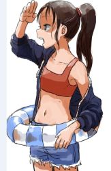 Rule 34 | 1girl, bright pupils, brown hair, cowboy shot, denim, denim shorts, hood, hoodie, innertube, jeans, long hair, looking away, midriff, navel, off shoulder, open clothes, open hoodie, open mouth, original, pants, ponytail, shading eyes, shorts, simple background, solo, sports bra, swim ring, white background, yamamoto souichirou