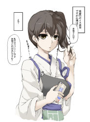 Rule 34 | 10s, adjusting hair, brown eyes, brown hair, cellphone, elf (stroll in the woods), highres, japanese clothes, kaga (kancolle), kantai collection, long hair, muneate, phone, side ponytail, smartphone, smartphone case, solo, tasuki, translation request