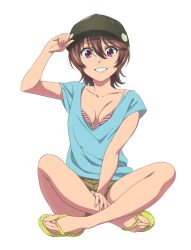 Rule 34 | 1girl, :d, adjusting clothes, adjusting headwear, baseball cap, bikini, bikini under clothes, blue shirt, breasts, breasts apart, brown hair, brown shorts, flip-flops, full body, green footwear, green hat, grin, hand on lap, hat, highres, indian style, looking at viewer, low neckline, open mouth, purple eyes, red bikini, sandals, sano keiichi, shirt, short hair, short shorts, short sleeves, shorts, simple background, sitting, smile, solo, strike the blood, striped bikini, striped clothes, swimsuit, tokoyogi yuuma, white background, white bikini