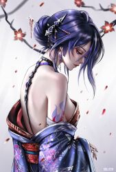 Rule 34 | 1girl, acheron (honkai: star rail), alternate costume, alternate hairstyle, arm tattoo, bare back, bare shoulders, breasts, commentary, earrings, floral print, flower, from side, hair bun, hair ornament, hair stick, highres, honkai: star rail, honkai (series), japanese clothes, jewelry, kimono, obi, off shoulder, profile, purple eyes, purple hair, purple kimono, red flower, red sash, sash, short hair, small breasts, solleen, solo, tattoo, upper body
