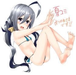 Rule 34 | 1girl, ahoge, aqua bikini, barefoot, bikini, blush, bow, breasts, gengorou, grey eyes, grey hair, hair between eyes, hair bow, kantai collection, kiyoshimo (kancolle), knees up, long hair, looking at viewer, low twintails, micro bikini, open mouth, simple background, sitting, small breasts, smile, solo, swimsuit, twintails, white background