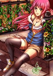 Rule 34 | 1girl, alternate hairstyle, breasts, cherry in the sun, cleavage, flower, fur trim, highres, houndstooth, large breasts, logo, long hair, one piece, pink hair, rebecca (one piece), shoes, sitting, solo, thighhighs, alternate universe, yellow eyes, yellow footwear