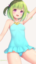 Rule 34 | 1girl, :d, aqua one-piece swimsuit, arm up, bare arms, bare shoulders, blush, breasts, cowboy shot, green hair, highres, looking at viewer, medium breasts, one-piece swimsuit, open mouth, original, pink eyes, sasaame, simple background, smile, solo, swimsuit, tight clothes, two side up, white background