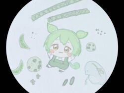 Rule 34 | 1girl, :3, amoeba, animal request, arms up, bacteria, black border, blush stickers, border, chibi, commentary request, full body, green hair, green shorts, grey background, long hair, looking at viewer, low ponytail, microscope, mini person, minigirl, round image, shirt, shorts, simple background, solo, suspender shorts, suspenders, tox (toxdetox), voicevox, white shirt, yellow eyes, zundamon