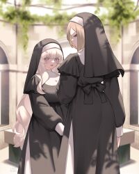 Rule 34 | 2girls, absurdres, ass, black bow, blanche neige (svet yomi), blonde hair, bow, breasts, character request, closed mouth, collar, frown, habit, highres, large breasts, long sleeves, looking at viewer, multiple girls, nun, open mouth, original, outdoors, pink eyes, puffy long sleeves, puffy sleeves, scowl, short hair, side slit, sidelocks, smile, svet yomi, traditional nun, veil, white collar, white hair, yellow eyes
