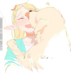 Rule 34 | 1girl, animalization, art program in frame, beamed eighth notes, blonde hair, blush, choker, closed eyes, commentary, dungeon meshi, elf, falin touden, golden retriever, highres, le (szs0k), licking, licking another&#039;s face, long hair, marcille donato, musical note, open mouth, pointy ears, red choker, saliva, simple background, smile, solo, upper body, white background