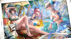 3girls absurdres akanbe arm_up armpits bare_legs bare_shoulders barefoot beach_chair black_hair black_one-piece_swimsuit blue_eyes blue_skirt blue_sky breasts casual_one-piece_swimsuit cleavage cup day drinking_glass eyelid_pull feet food fruit hair_between_eyes hair_ornament hanying:_solacetune_(pgr) highres holding holding_cup inflatable_duck large_breasts leaning_forward legs long_hair looking_at_viewer luna_(pgr) median_furrow multiple_girls ocean official_alternate_costume one-piece_swimsuit one_eye_closed outdoors parted_lips pink_hair pink_pupils punishing:_gray_raven purple_eyes red_eyes sidelocks sitting skirt sky smile smll233 swimsuit swimsuit_cover-up teddy_(pgr) thighs toes tongue tongue_out very_long_hair w watermelon watermelon_slice white_hair white_wrist_cuffs wrist_cuffs