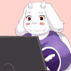 Rule 34 | 1girl, breasts, brown eyes, brown hair, computer, female focus, grape jelly (artist), horns, open mouth, sheep, short hair, simple background, single horn, solo, toriel, undertale, upper body